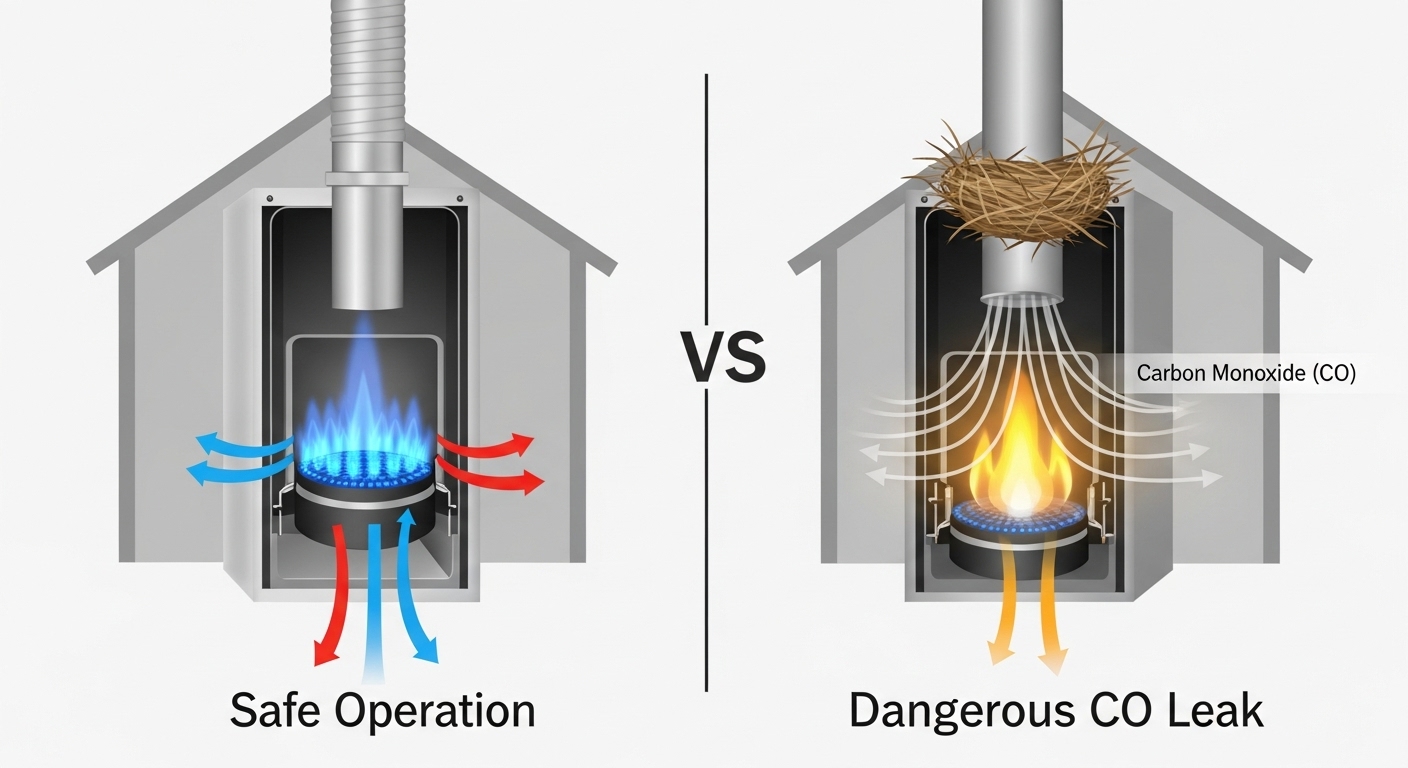Diagram showing how a cracked heat exchanger in a gas furnace can leak carbon monoxide into the home's air supply.