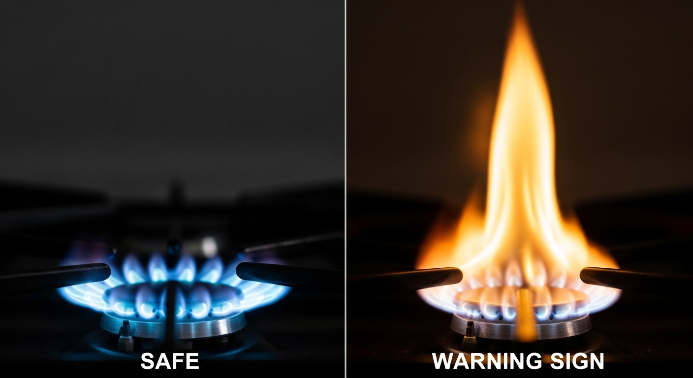 Close-up of a gas stove burner with a dangerous yellow and orange flame instead of a safe blue flame.