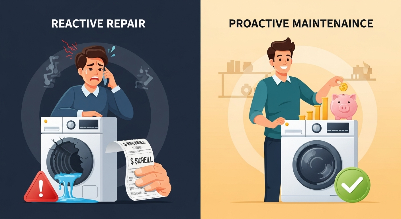 A graphic illustrating how preventive appliance maintenance saves money by reducing emergency repair costs and utility bills.