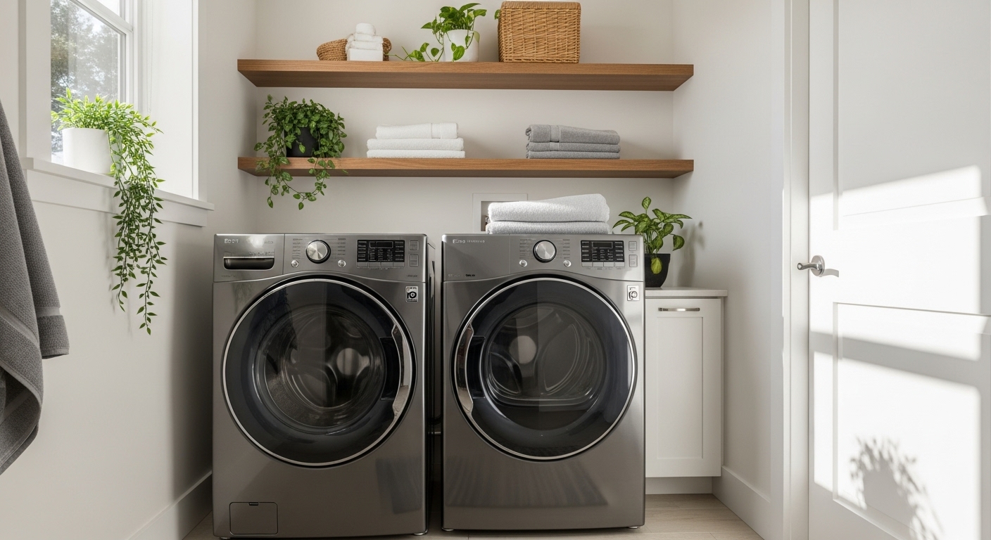 Energy Star efficient washer and dryer in laundry room