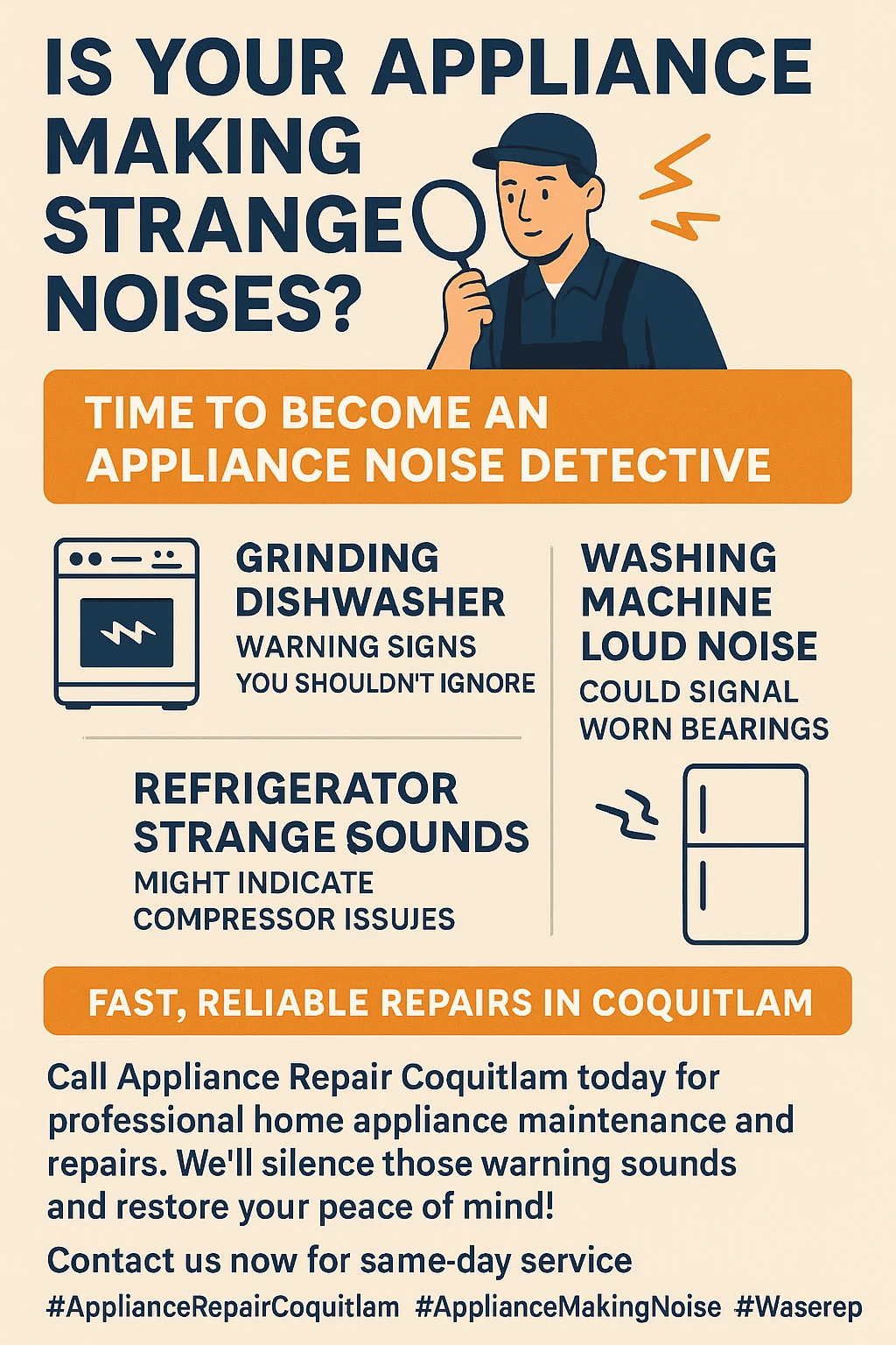 Appliance repair Coquitlam infographic noise diagnosis key takeaways
