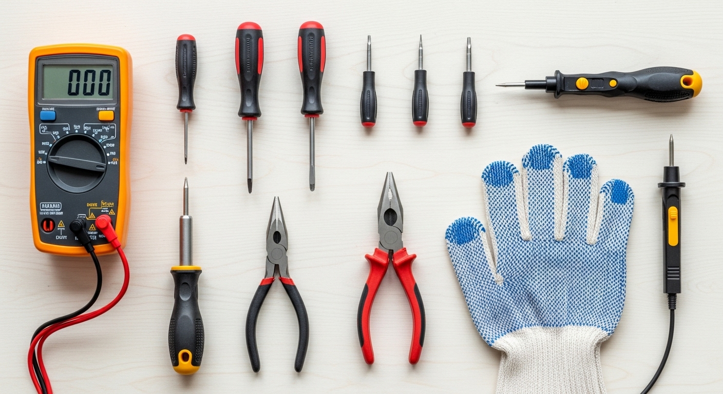 Essential appliance repair tools flat lay