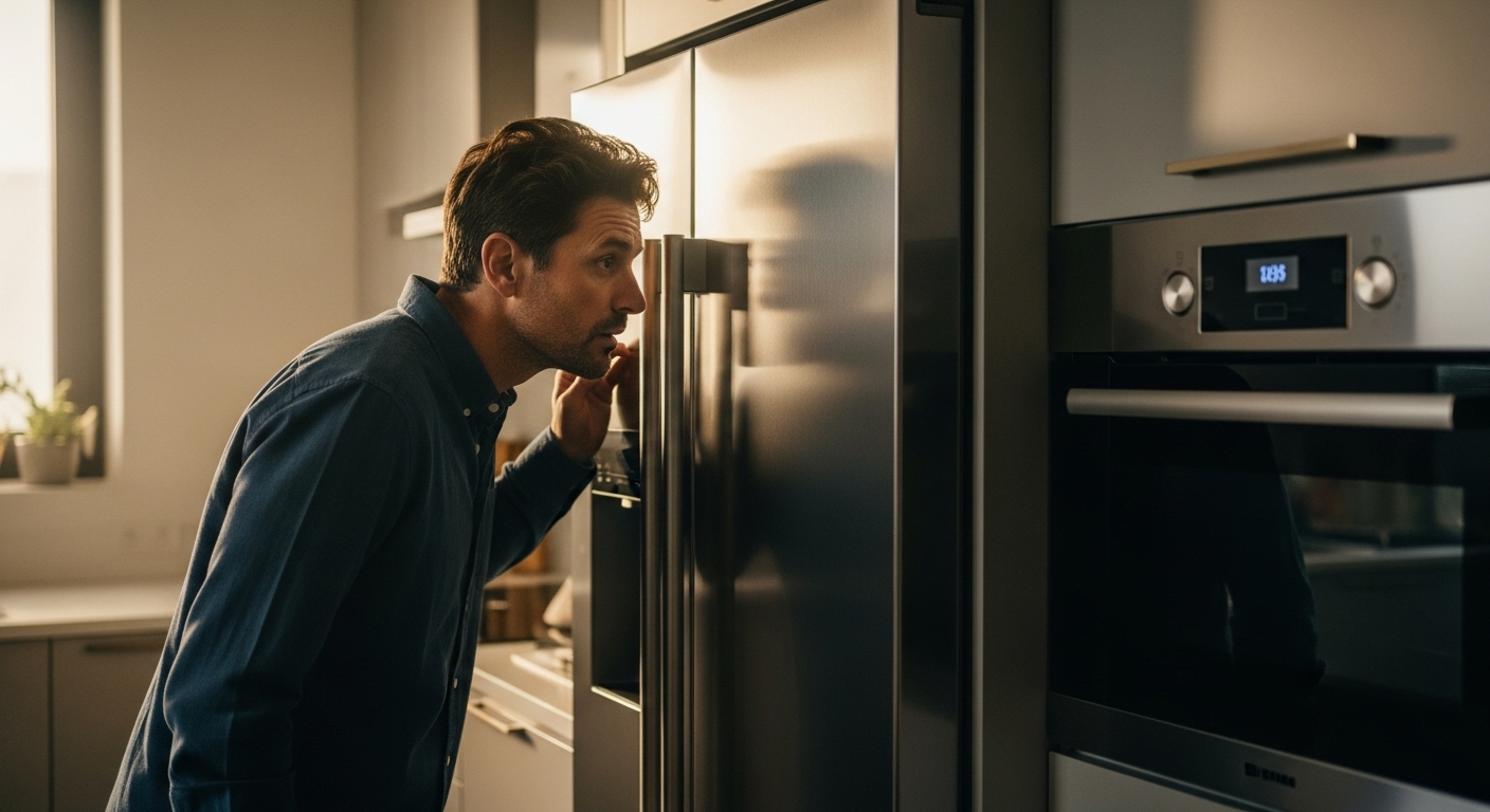 Homeowner listening to a clicking refrigerator in a kitchen