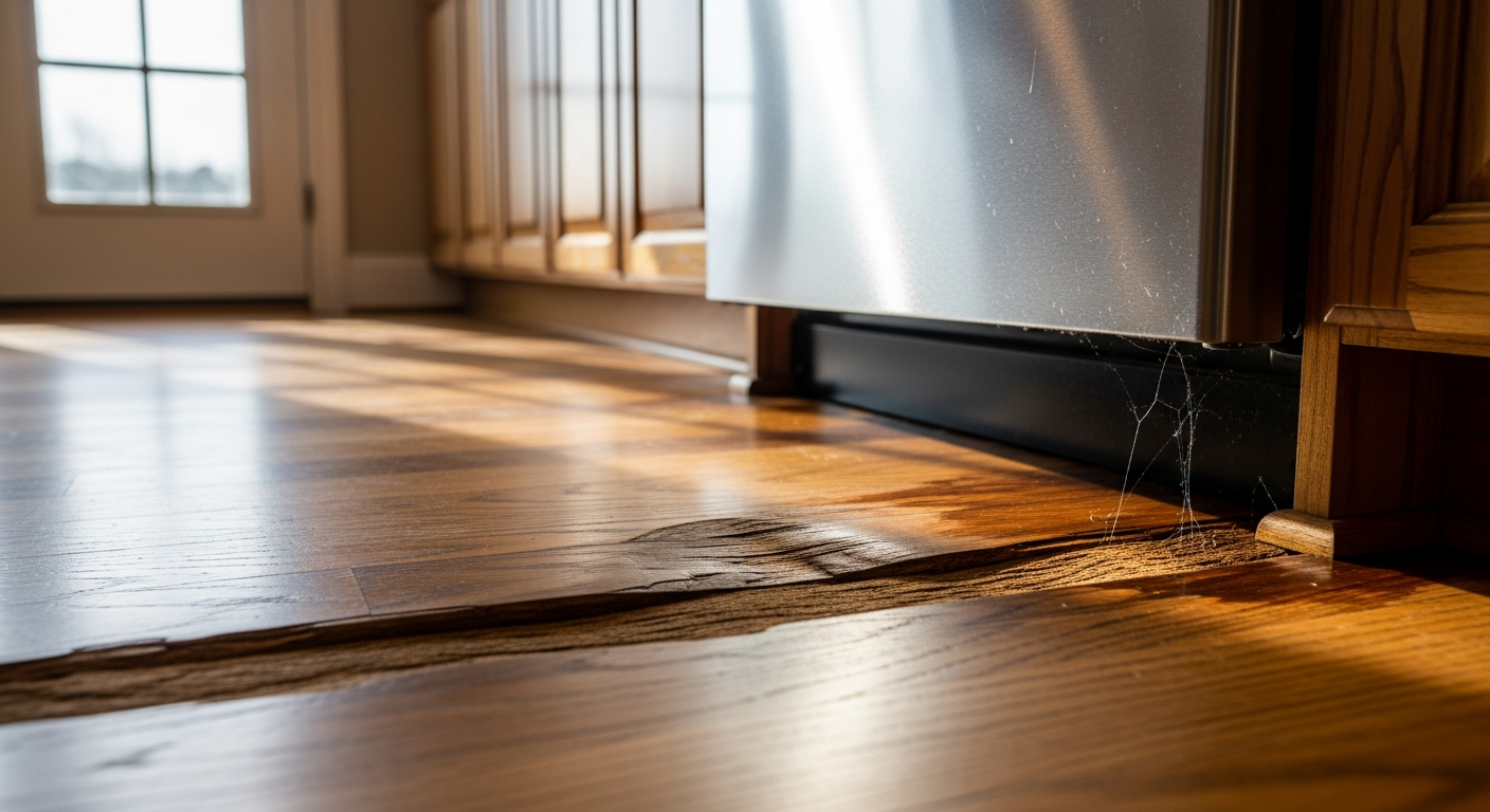 Warped hardwood floor from appliance leak