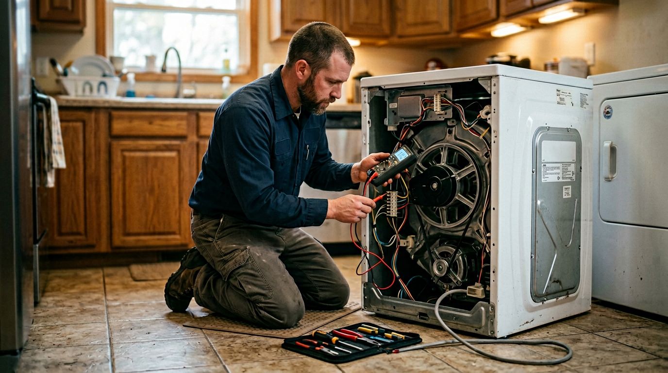 Appliance repair technician inspecting washing machine