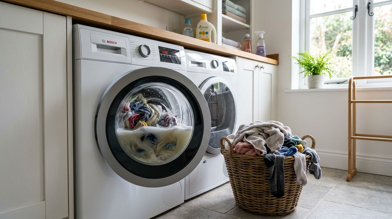 Broken washing machine mid-cycle in laundry room