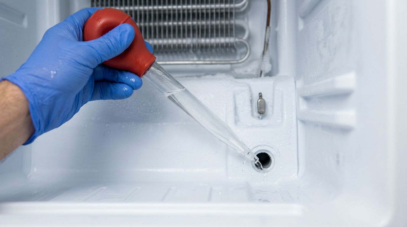 Cleaning clogged refrigerator defrost drain