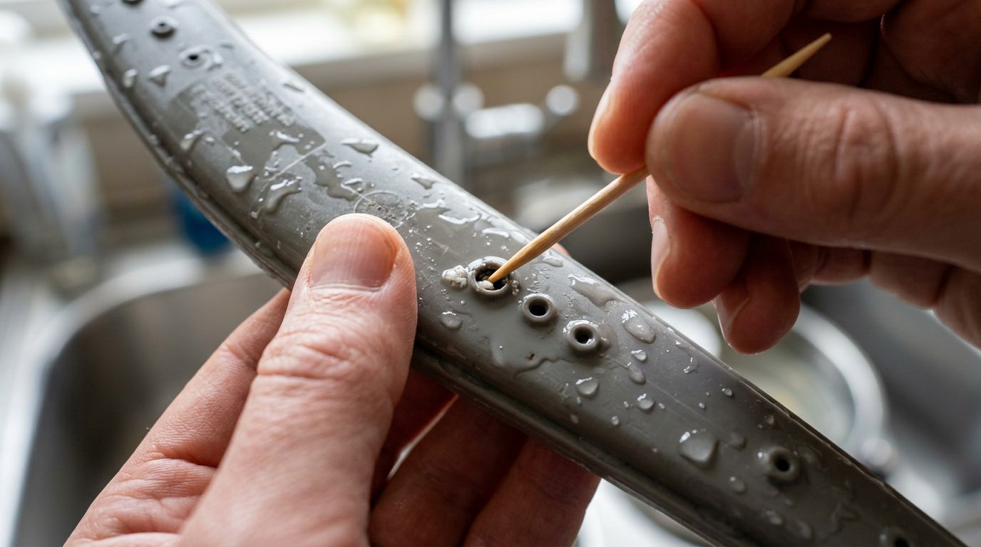 Cleaning dishwasher spray arm nozzles with a toothpick
