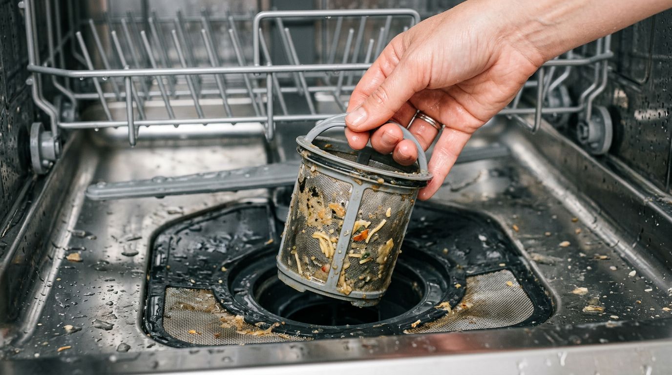 Dirty dishwasher filter removal and maintenance