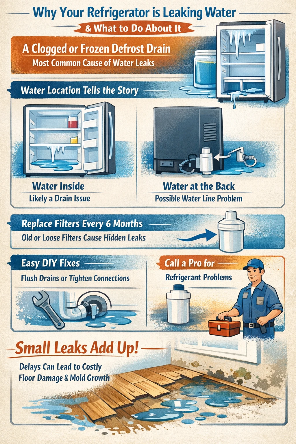 Refrigerator leaking water key takeaways infographic