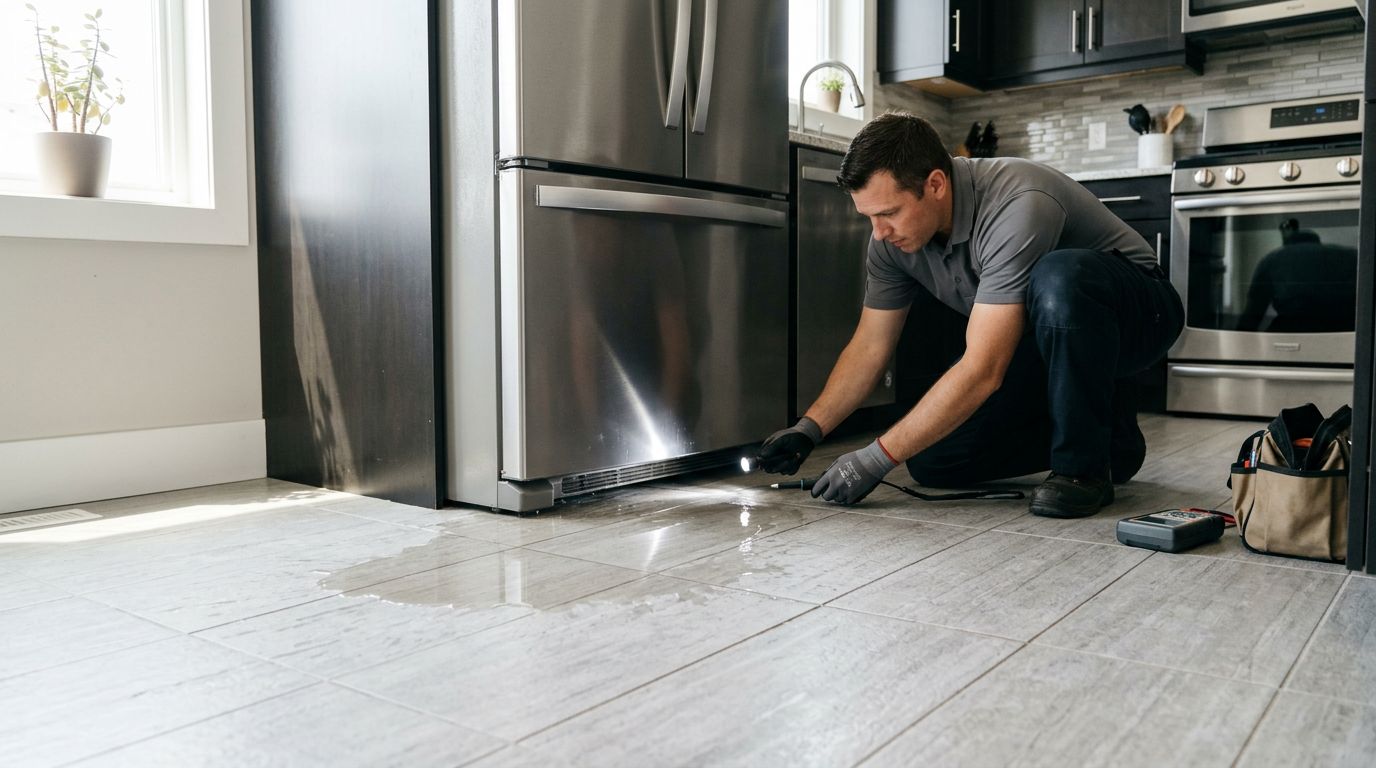 Refrigerator water puddle on kitchen floor