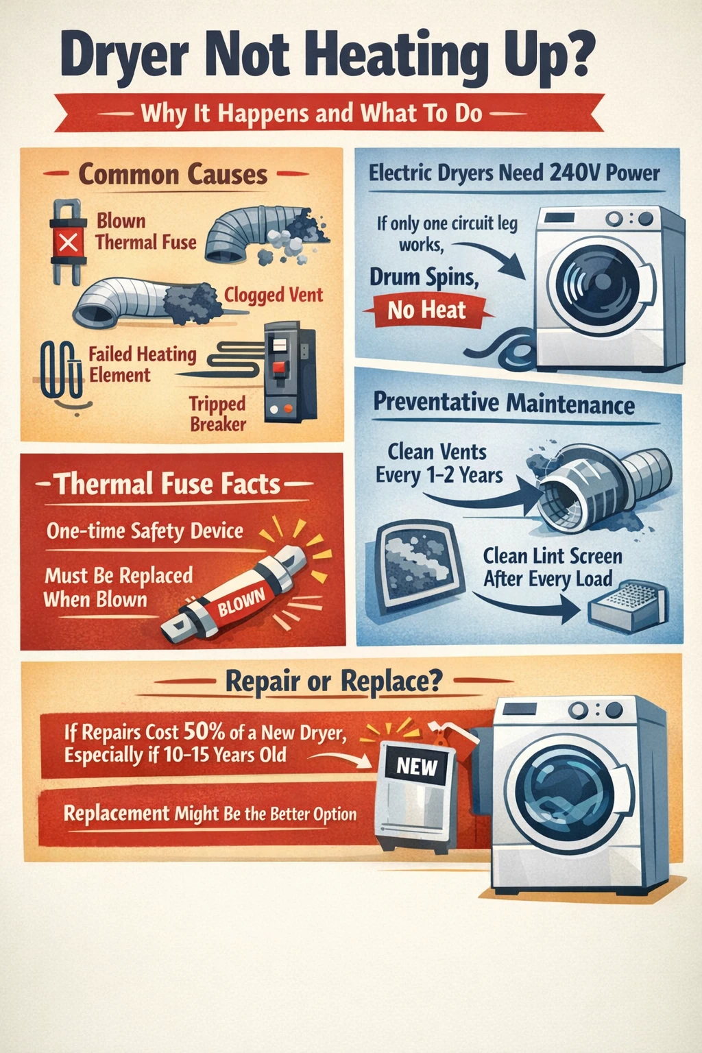 Common causes dryer not heating up infographic
