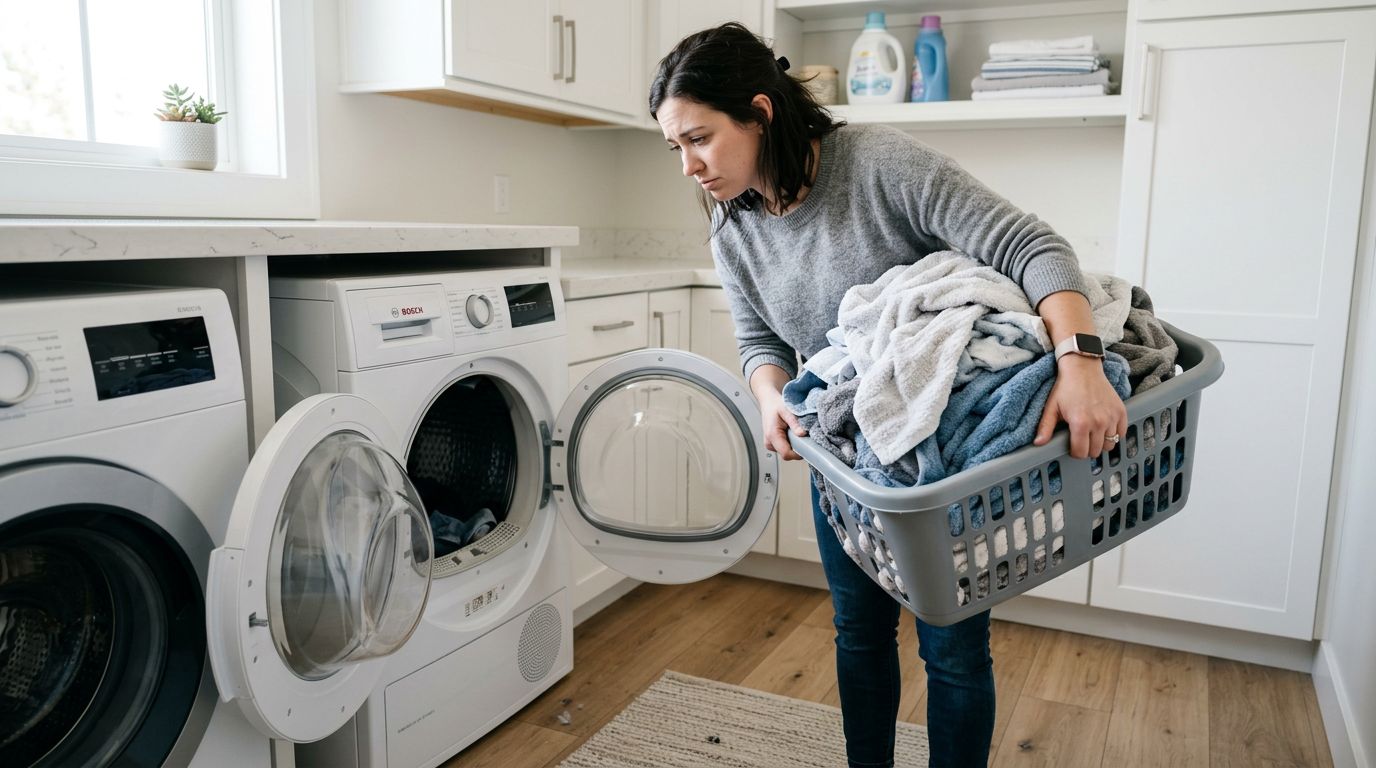 Frustrated homeowner with wet laundry