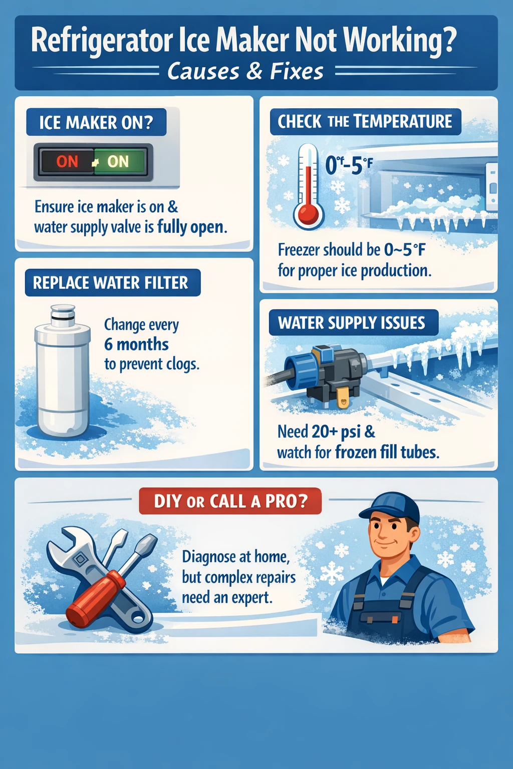 Refrigerator ice maker troubleshooting infographic