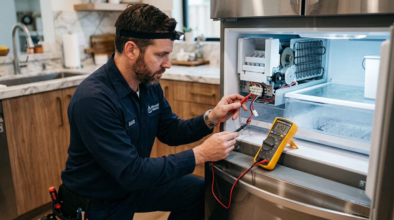 Technician repairing refrigerator ice maker unit
