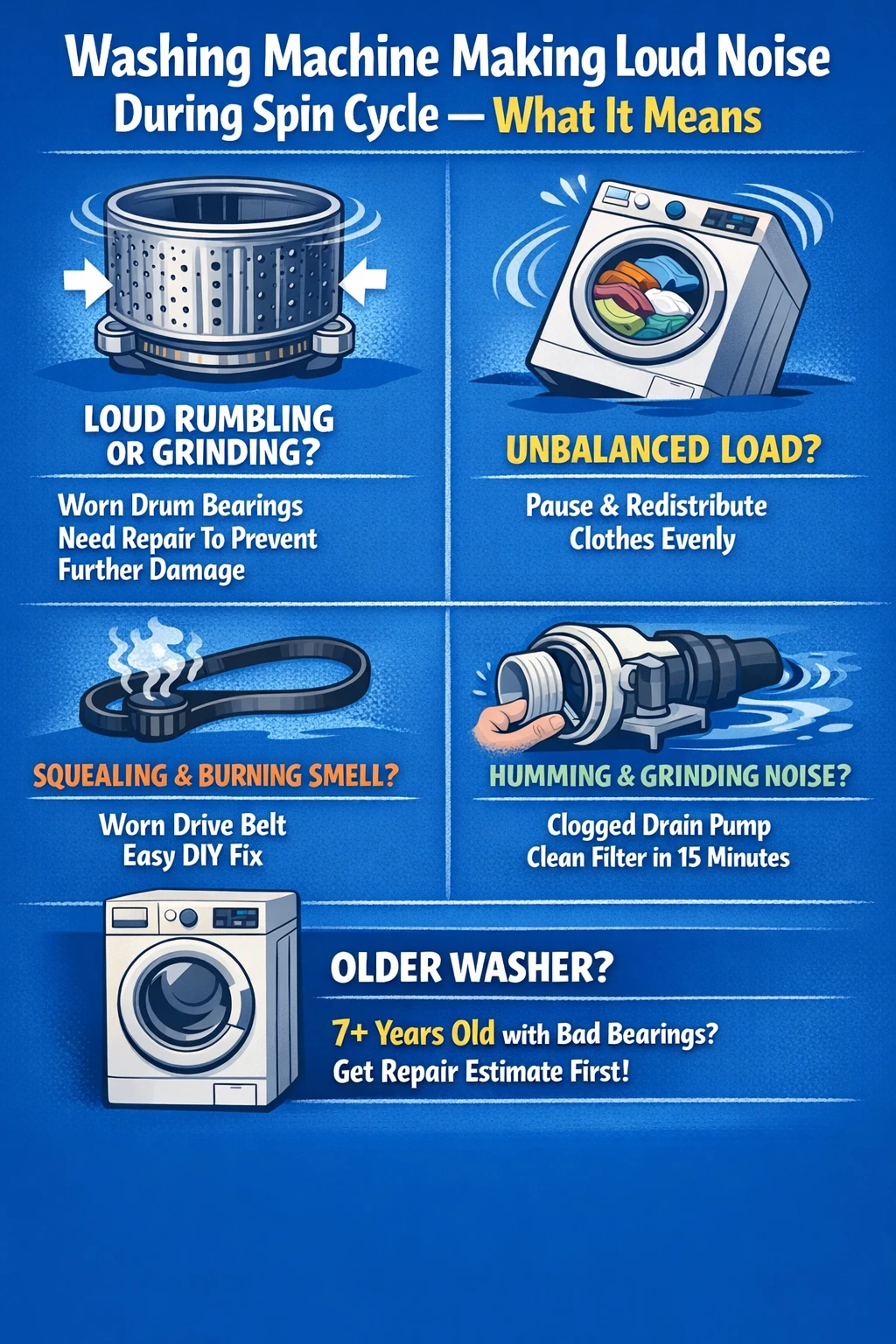 Washing machine making loud noise key takeaways infographic